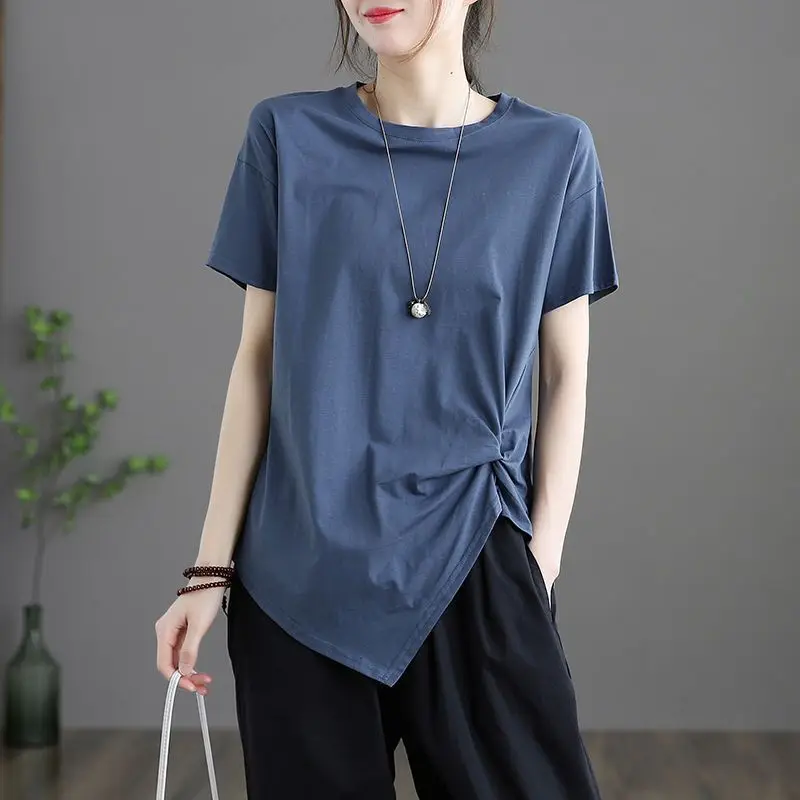 Fashion O-Neck Loose Folds Shirring T-Shirt Female Clothing 2023 Summer New Oversized Casual Pullovers Tops Irregular Tee Shirt