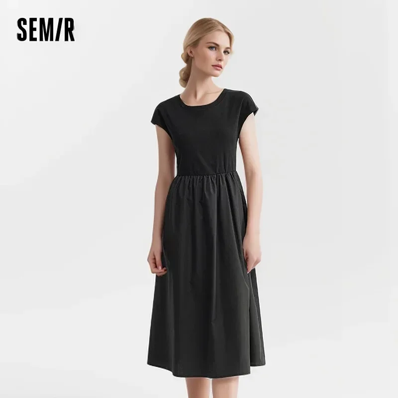 

Semir Dress Women Round Neck Slim Long Dress Temperament Fashion 2024 Summer New Versatile Splicing Swing Dress Elegant