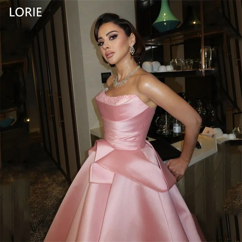 

LORIE Pink Satin A-Line Wedding Dresses Strapless Flounce Beading Bride Prom Gown Floor-Length Pleat Bridal Gown Customized