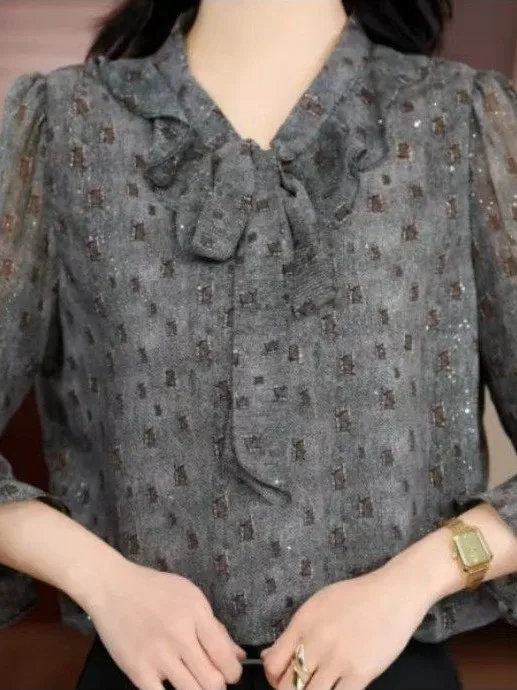 

Женский модный топ Ele V-Ne Long Sve с принтом, весна 2026, для мам, приталенный, из дышащего полиэфирного волокна