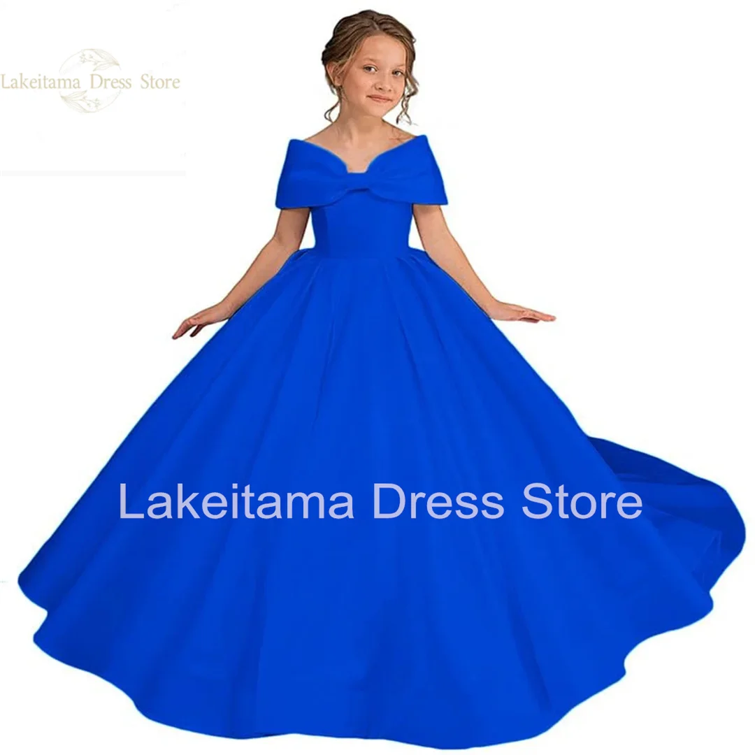 

Royal Blue Flower Girl Dress Satin Off The Shoulder First Communion Dress Bow Knot Party Ball Gowns for Girls