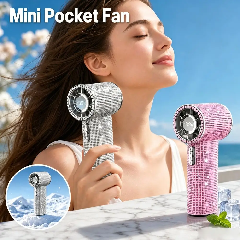 Compact Mini Portable Fan Powered By LED Light Sparkling Imitation Diamonds Handheld Fan Cute Design Long-lasting Battery