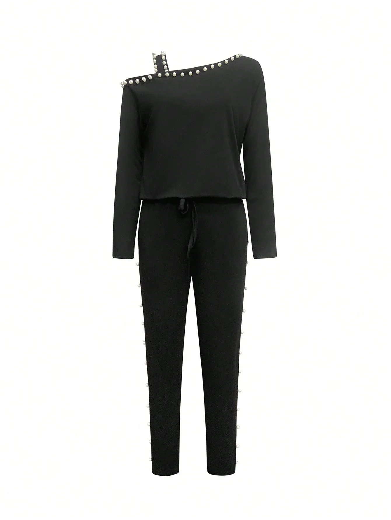 

Women Casual Long Sleeve Asymmetrical Top And Pearl Decorated Pants 2 Piece Set Black