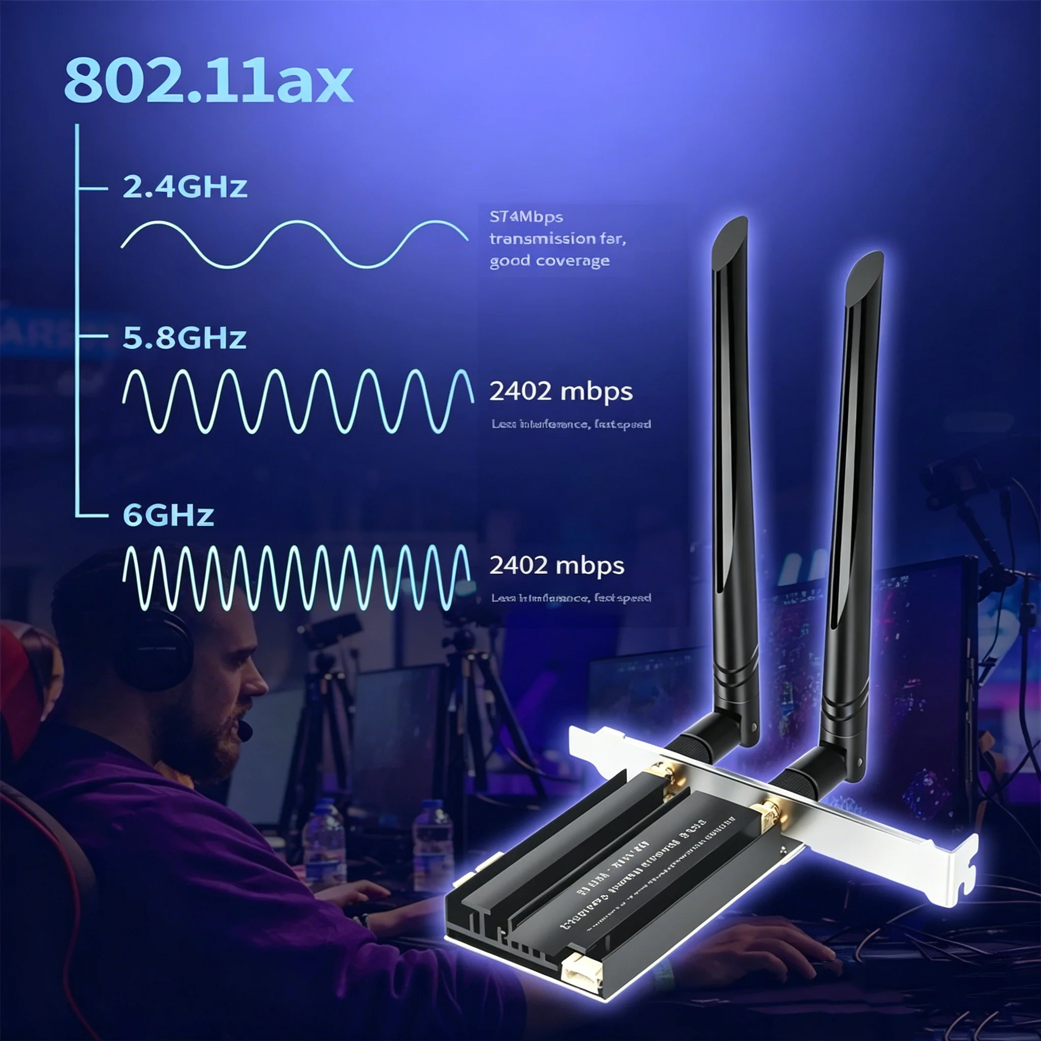 KEBIDUMEI WiFi6E MT7922 AX5400 Adapter PCIE BT 5.3 Trójzakresowy Odbiornik Bezprzewodowy 2.4G/5Ghz/6Ghz Karta Sieciowa 802.11AX Dla Win 10/11 — zdjęcie produktu 4