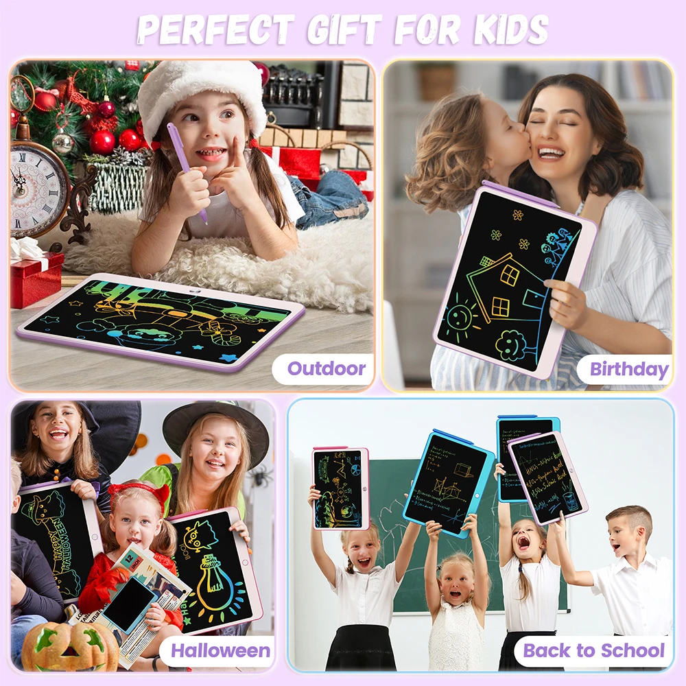 LCD-Schreibtablett, 12-Zoll-buntes Kleinkind-Doodle-Brett, löschbare Zeichenblöcke mit Umhängeband, Lernspielzeug für Kinder