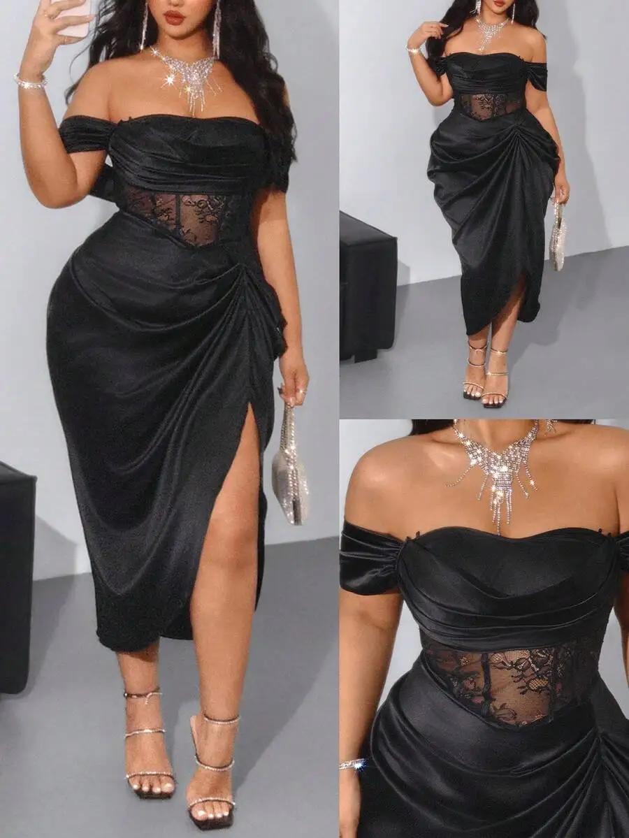 

Black Off-Shoulder Midi Dress with Lace Panel, Ruched Satin, High Slit, Elegant Cocktail Party Wear
