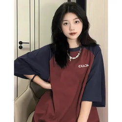 woman tshirts 2024 Summer casual loose letter print Women T-shirt korean style Color block y2k Top goth T shirt Harajuku Clothes