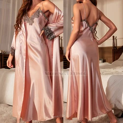 Female Long Twinset Robe Set Nightgown Spring Summer Kimono Bathrobe Gown Sexy Lace Trim Nightdress Satin Home Wear Loungewear