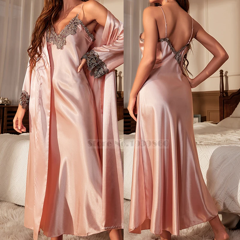 Kobieta długi Twinset komplet szlafroków koszula nocna wiosna lato Kimono szlafrok suknia seksowne koronkowe wykończenia koszula nocna satynowa odzież domowa Loungewear