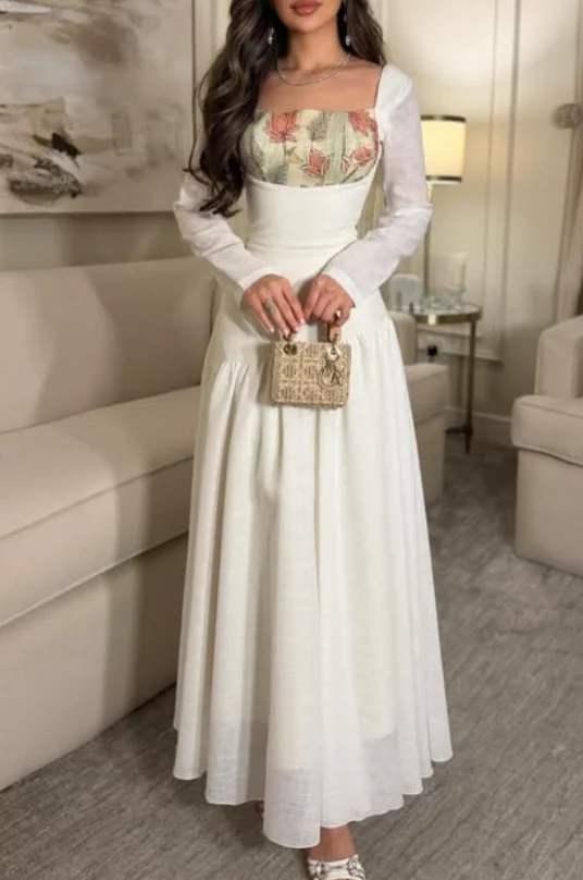 High Quality Customized Gentle Style White Floral Print Patchwork Maxi Dress Long Sleeve High Waist Flared Skirt Prom Dresses