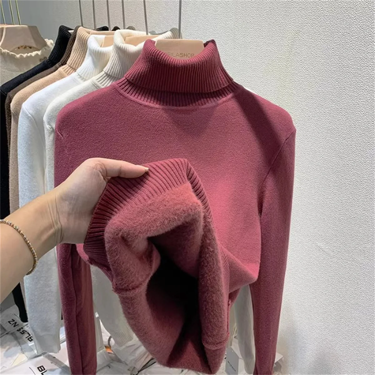 Turtleneck Winter Sweater Women Thicken Plus Velvet Lined Warm Knitted Pullovers Slim Tops Jersey Knitwear Female Basic Jumper