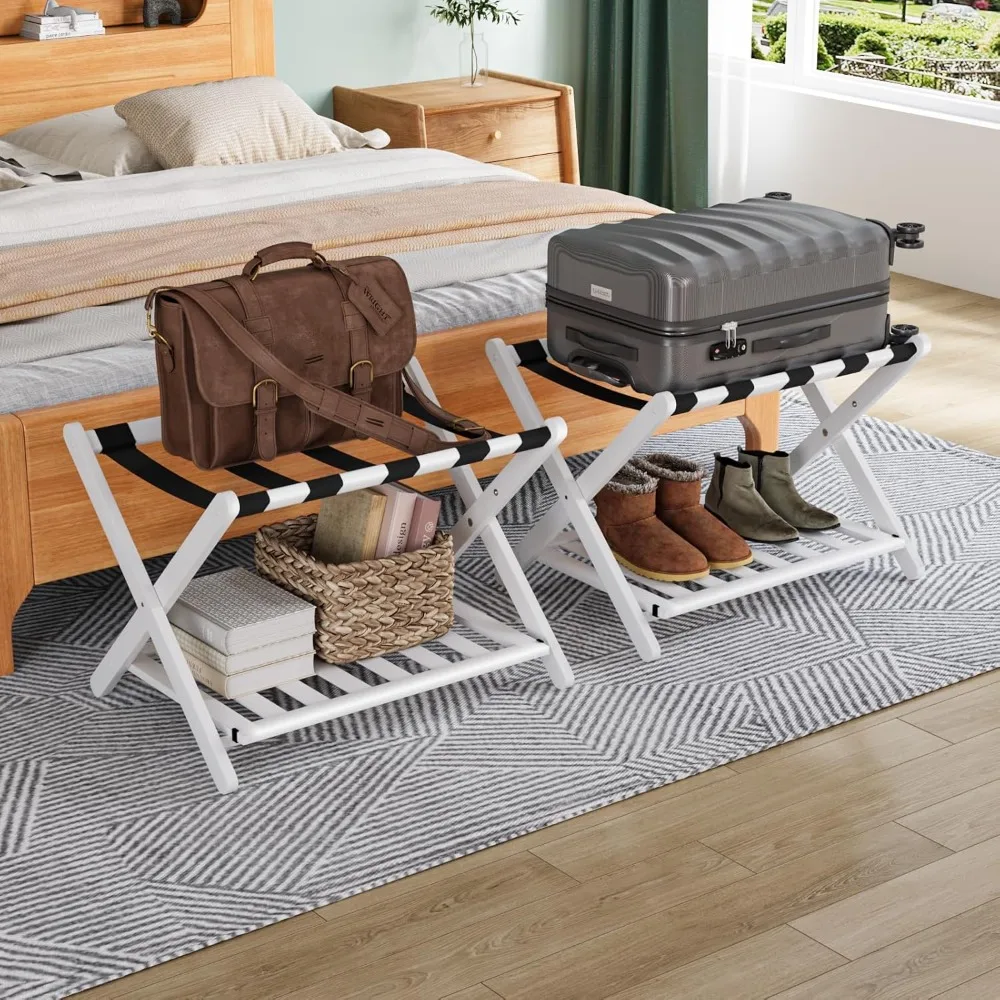 

Fully Assembled White Luggage Rack Pack of 2, Bamboo Foldable Suitcase Stand