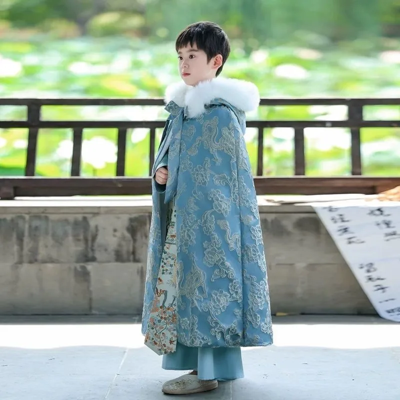 

2026 Creative Boys' Blue Chinese Style Ancient Hanfu Set Children's Long Sleeve Winter Long Warm Coat Hanfu Clothing Set LI831