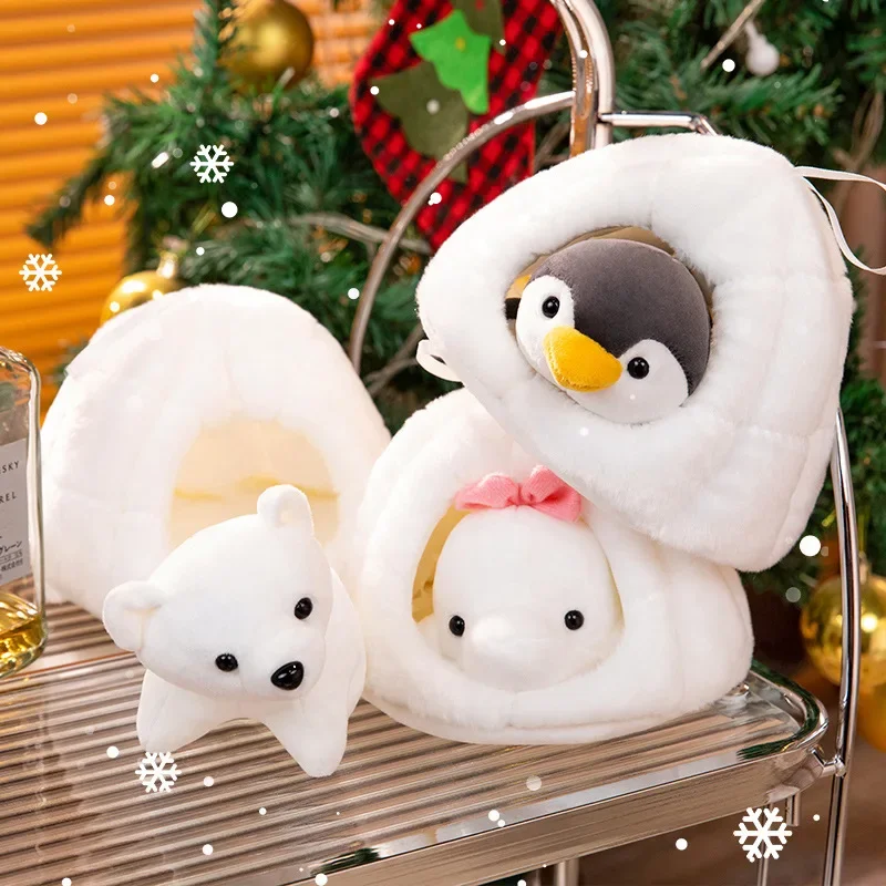 20cm Kawaii Polar Bear Penguin Whale In White Snow Nest Stuffed Toy Small Animal Connected To The Nest Fun Stuffed Toy