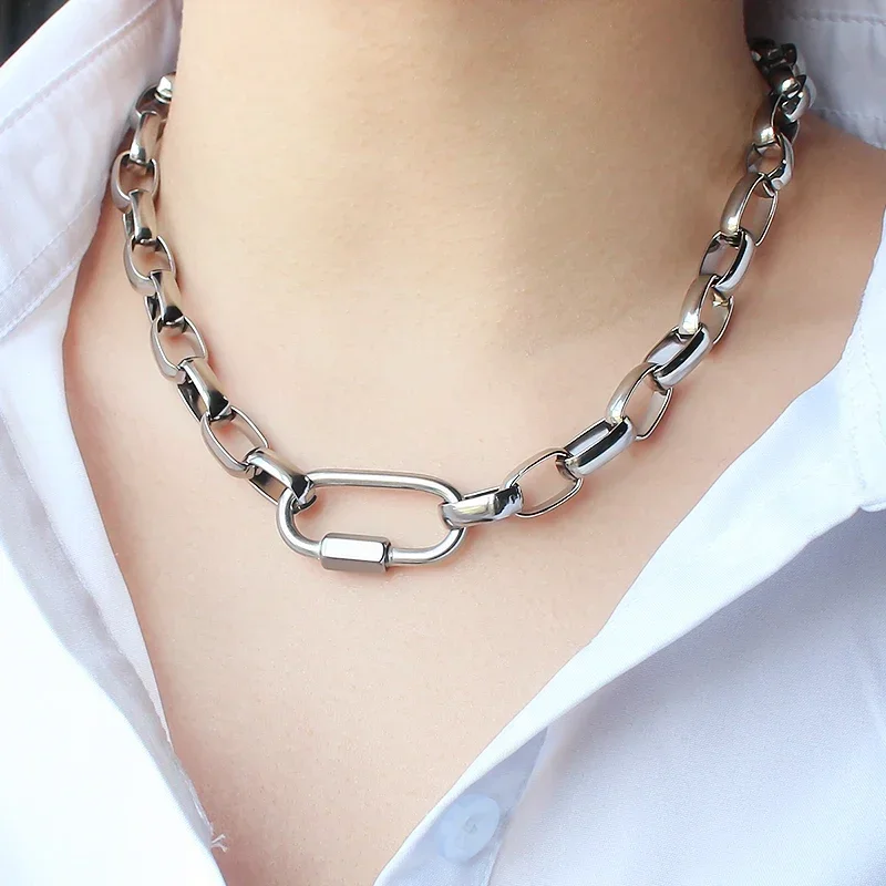 Stainless Steel Carabiner Hook Closure Necklace for Women Men Geometric Metal Links 9mm Wide Link Chain Necklaces Party Gifts