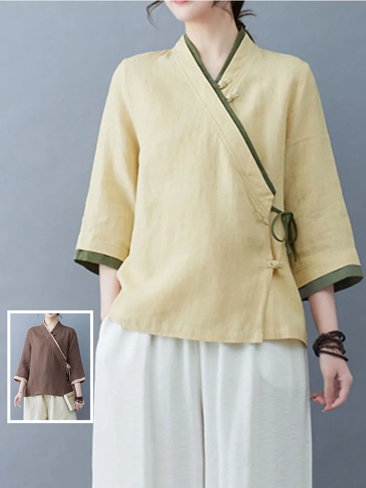 

Retro Patchwork Color Bamboo Fiber Cotton Loose Side Buttoned Belted Ethnic Sle Chinese Tea Costume Top Women's irt