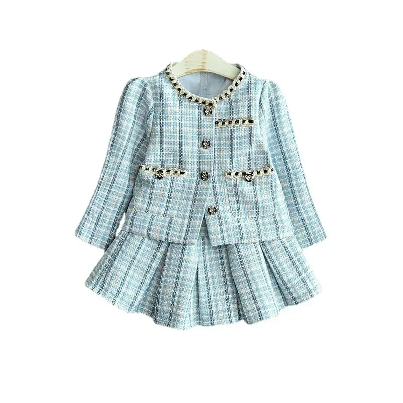 Fall Kids Clothing Girls Outfits Girls Suit 2022 Spring Autumn Long-sleeved Plaid Top +skirt Two-piece Sets Wholesale Clothing