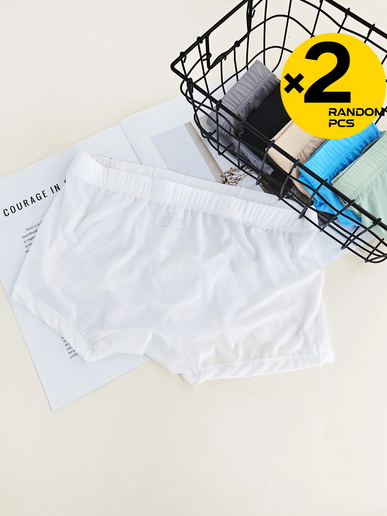 Men Ice Silk Ribbed Boxer Briefs Separate Pouch Design Breathable Quick Dry Summer Male Underwear 2Pcs Random Pack