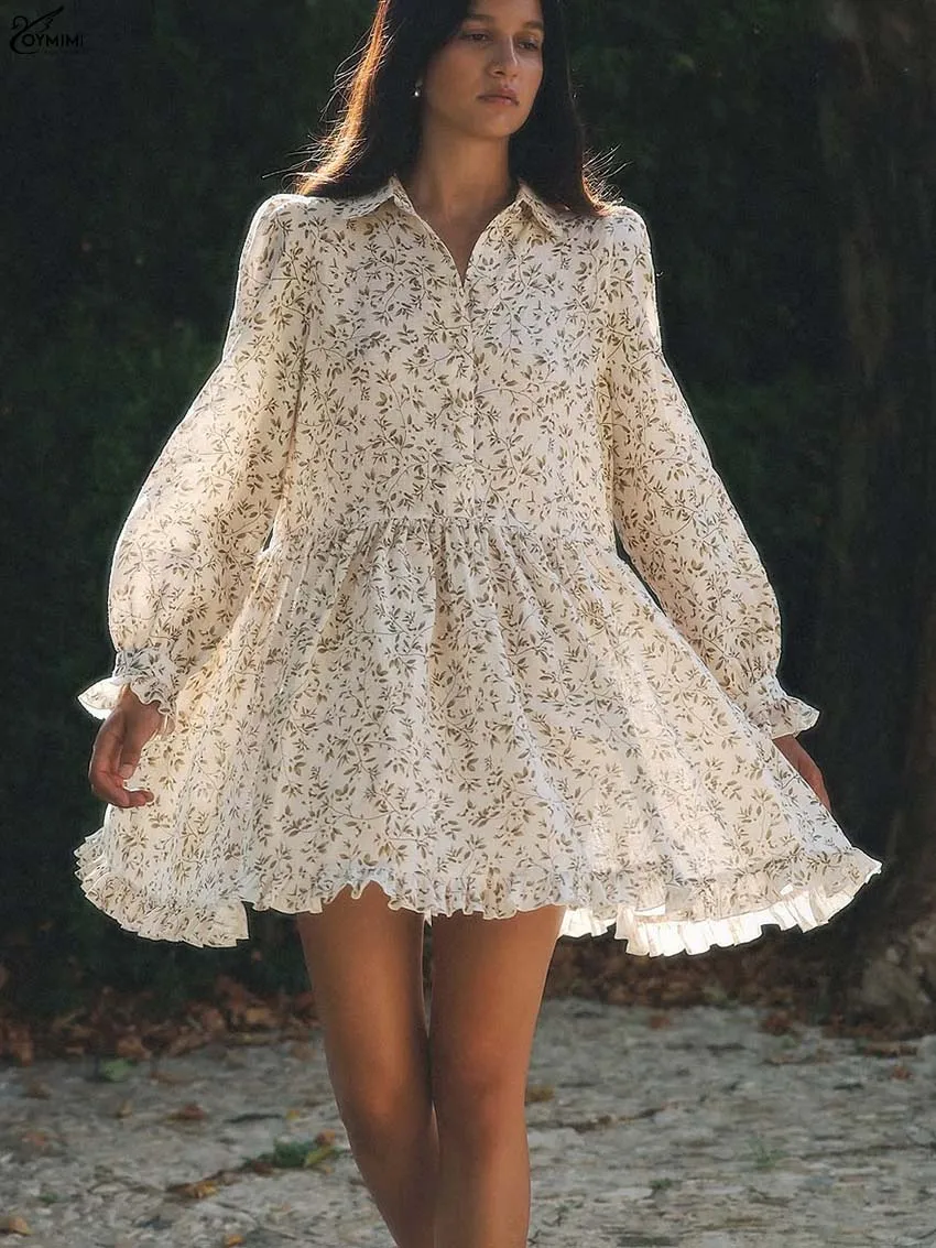 

Oymimi Fashion Beige Print Dresses For Woman Elegant Long Sleeve Single Breasted Dresses Casual High Waisted Pleated Mini Dress