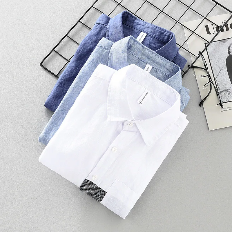 100% Linen Casual Shirt for Mens Long Sleeve Turn-down Collar Patchwork Shirts Spring New Men Dress Shirt