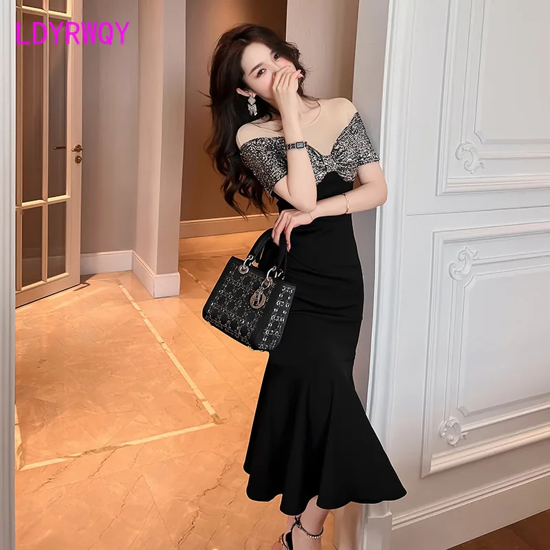 The new design for summer 2022 is feminine, slim, fishtail sequin dress Sheath  Knee-Length