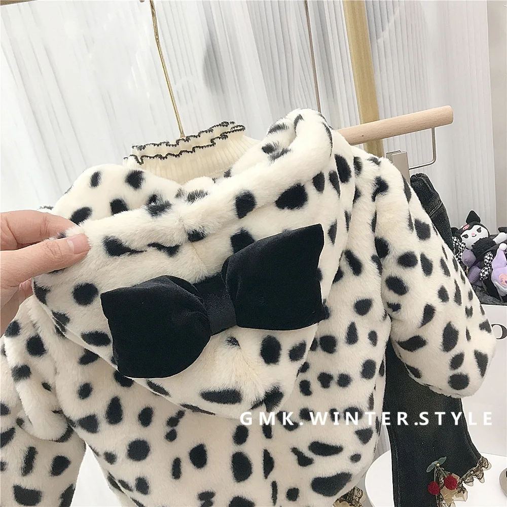 

Girls Coat Autumn and Winter New Leopard-print Hooded Girl Plus Wool Thickened Fur Coat Children Winter Korean Simple Style