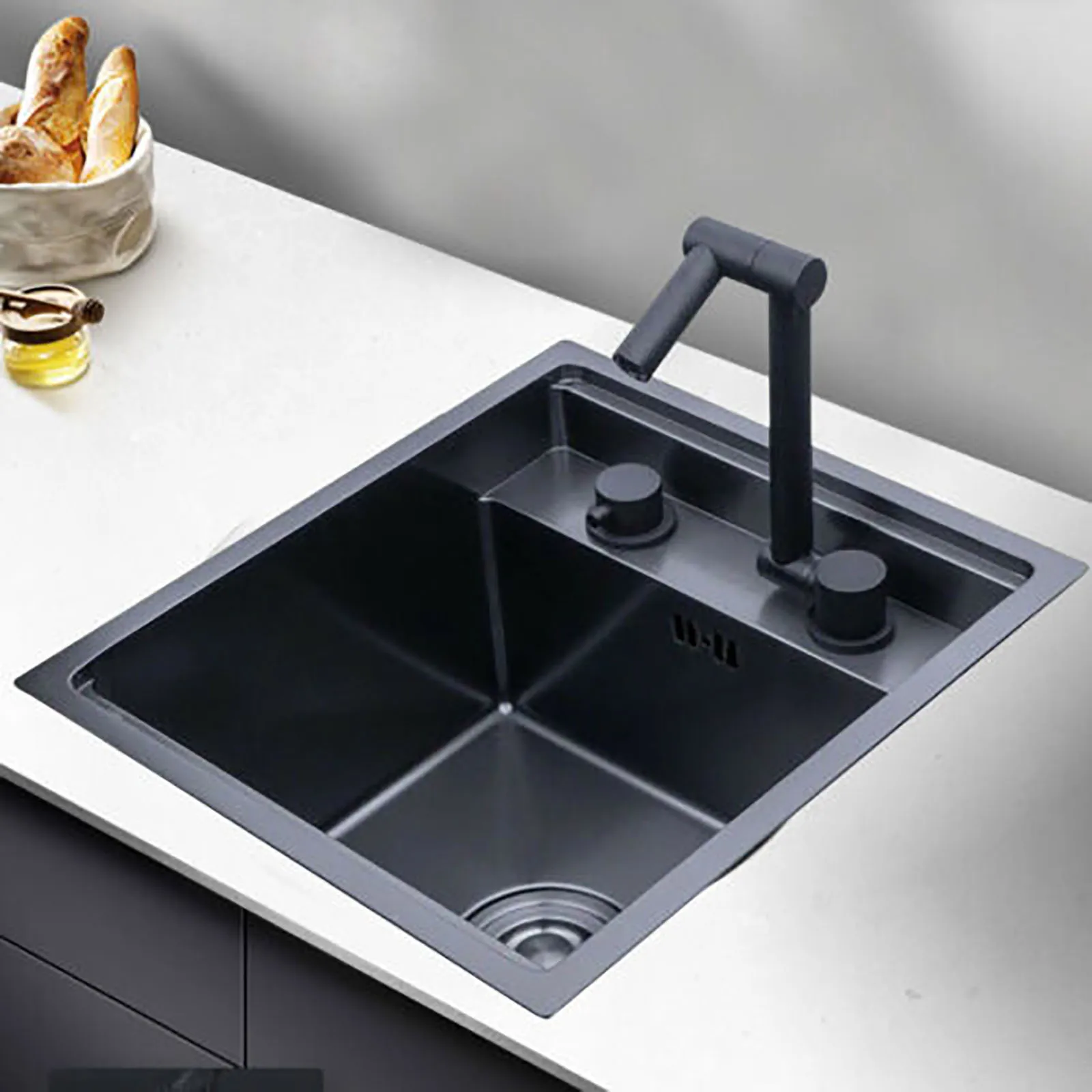 Hidden Kitchen Square Sink Single Bowl Sink Stainless Steel Sink+Folding Faucet