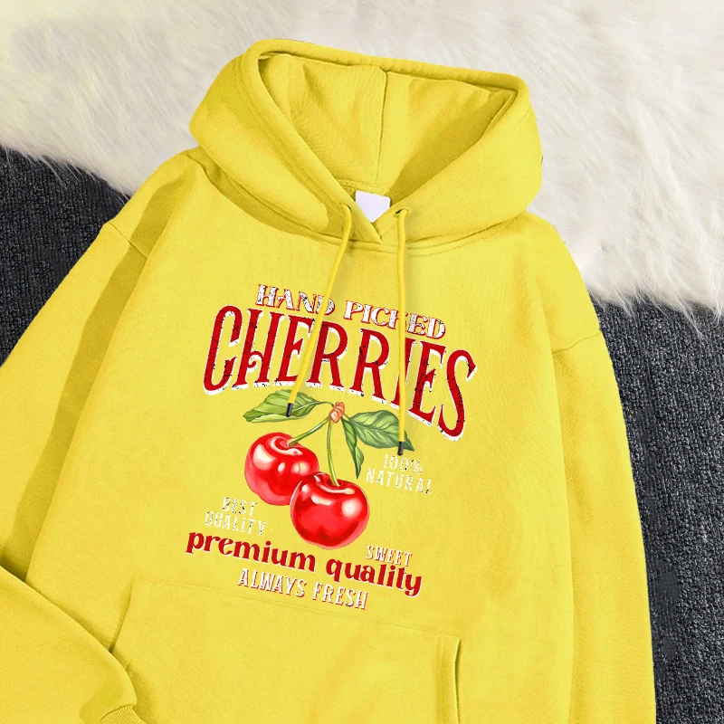 Casual Womans Hoodies Hand Picked Cherries Printing Sweatshirt Soft Breathable Loose Pocket Pullover Autumn Winter Streetwear