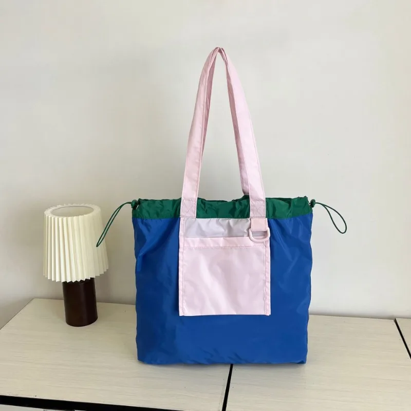 New Drawstring Patchwork Colour Large Capacity Shopping Canvas Bag Hundred Shoulder Bag Casual Commuter Bag Waterproof