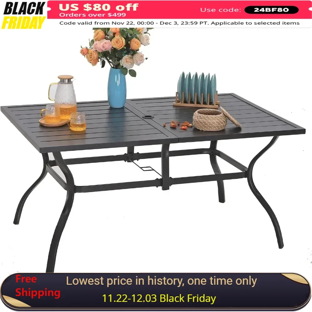 Outdoor Patio Table Rectangular Metal Patio Outdoor  Table, Black Steel Slatted Weather-Resistant Table Outdoor Tables