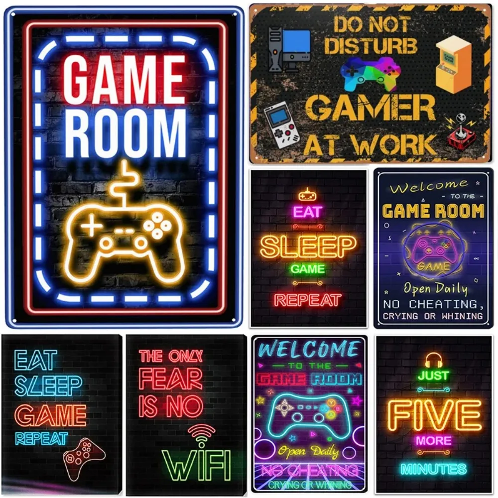 Vintage No LED Gaming Room Decor Aluminum Wall Art Waterproof Metal Tin Sign Welcome To The Game Room Poster Boy Bedroom Youth D