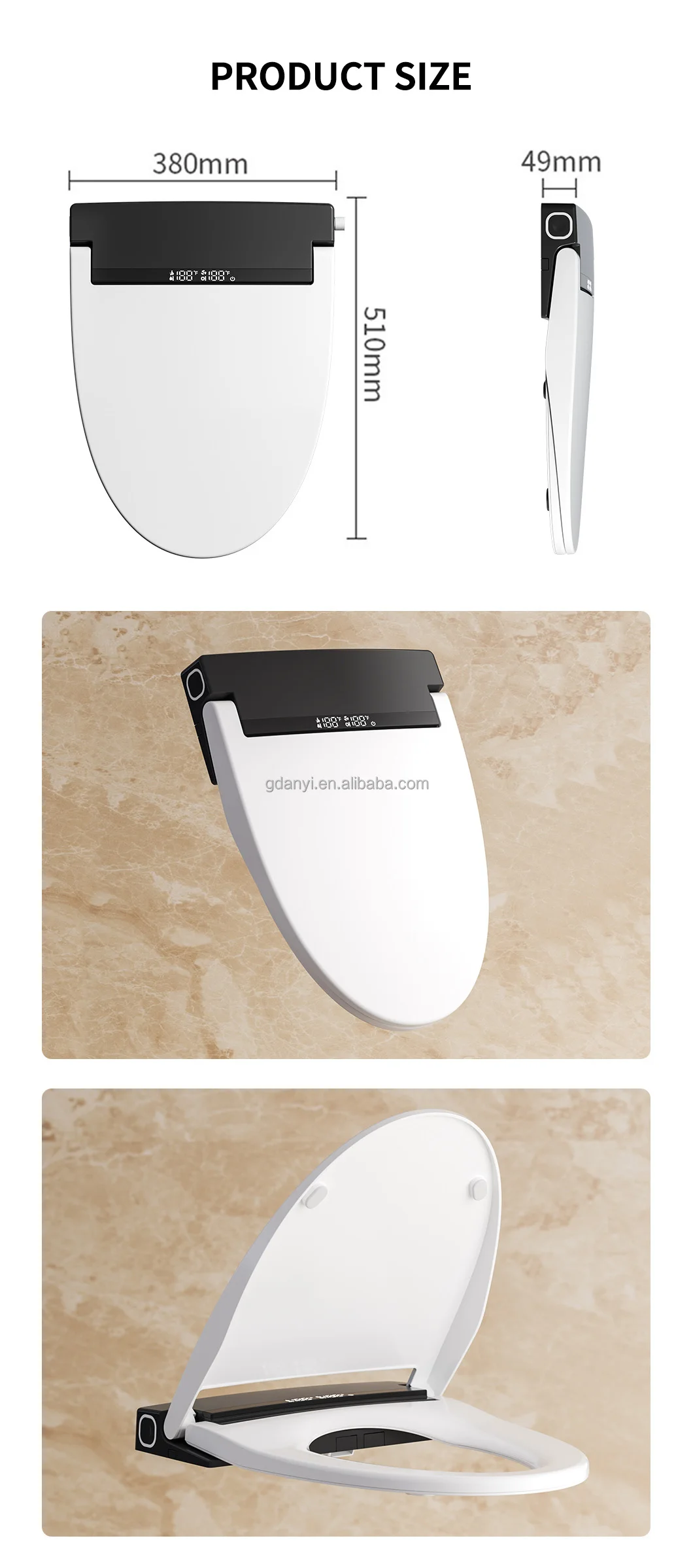 Automatic Bidet Smart Toilet Seat Black V Shape Elongated Heated Soft Close Self Cleaning Digital Display Cover