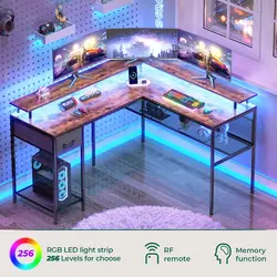 L Shaped  Computer Desk with LED Lights & Power Outlets, Gaming Desk with Storage Shelves,  Home Office Desk