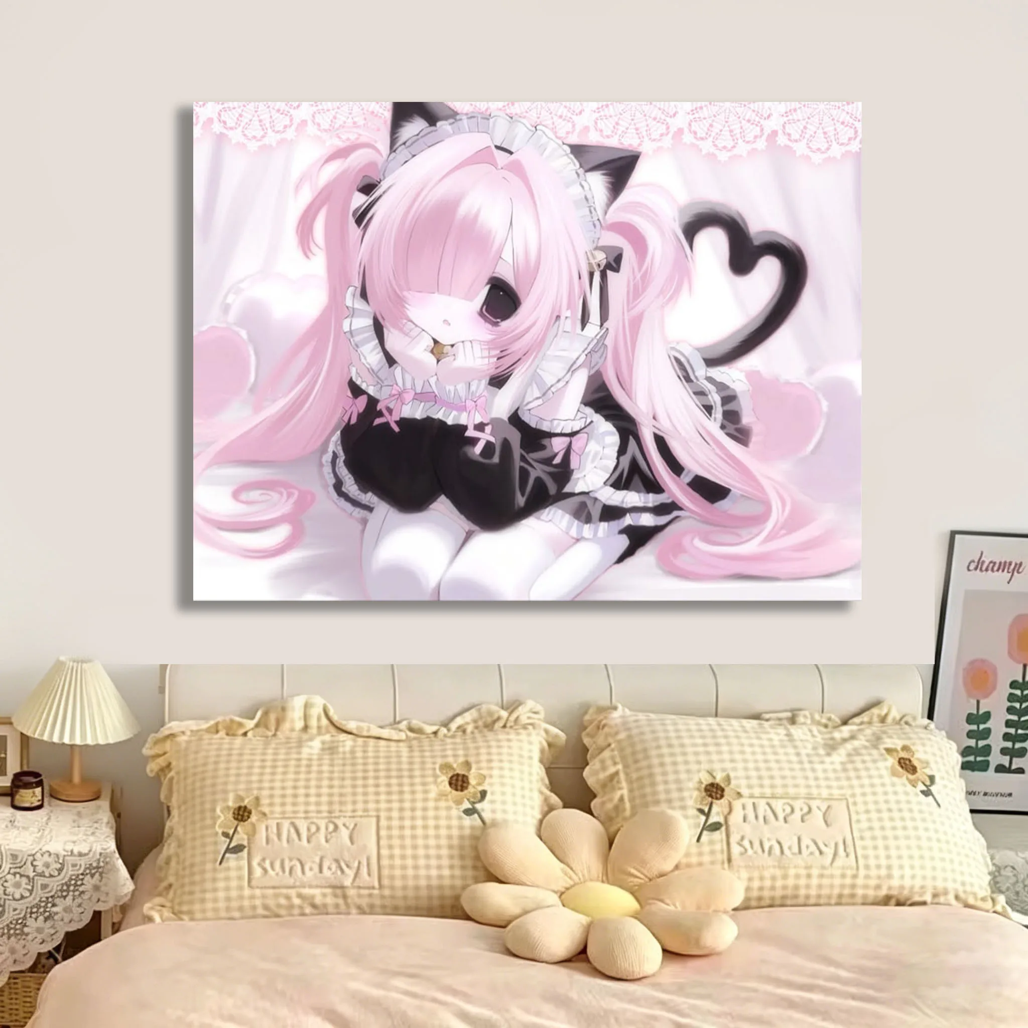 Jirai Kei Style Moe 2000s Tapestry, Old Web Gothcore Tapestry, Neko Anime Girl Bedroom House Dorm Tapestry, Room Decoration