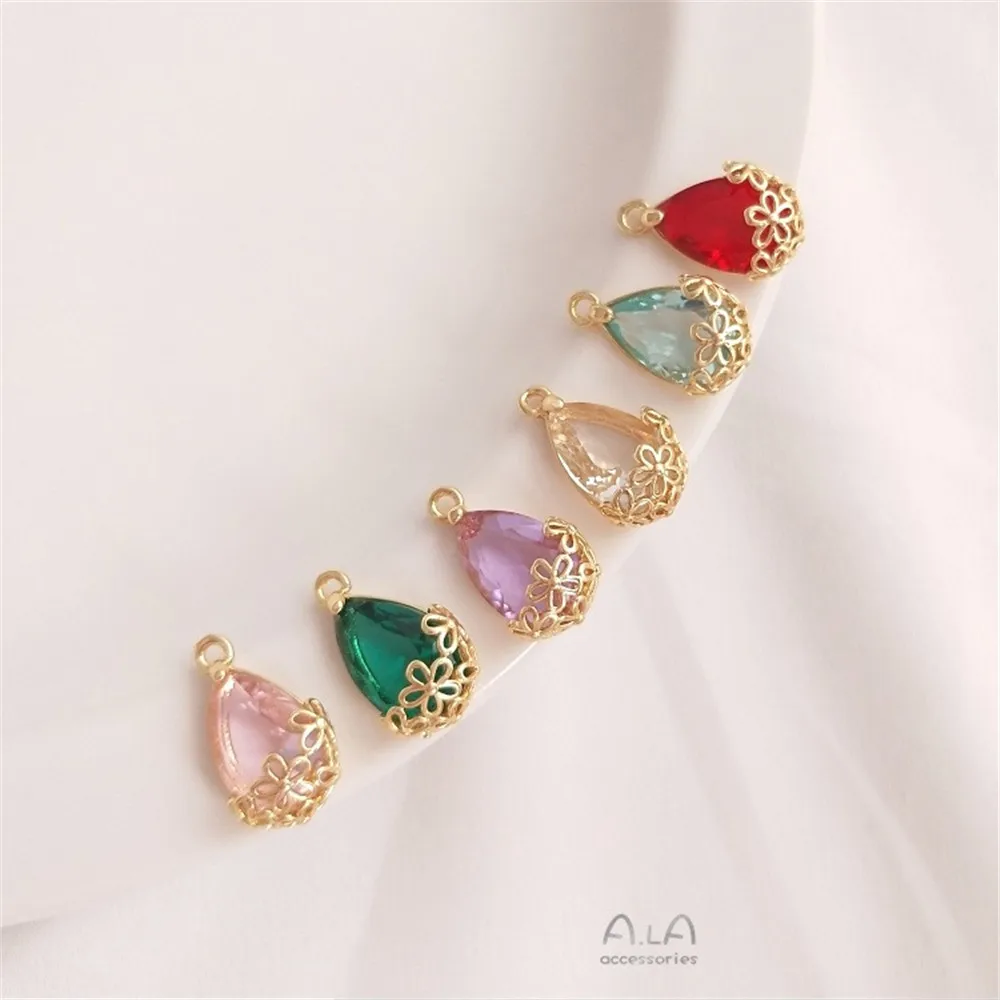 14K Gold Flower Wrapped Crystal Zircon Drop-shaped Pendant Handmade Diy Bracelet Earrings Pendant K134