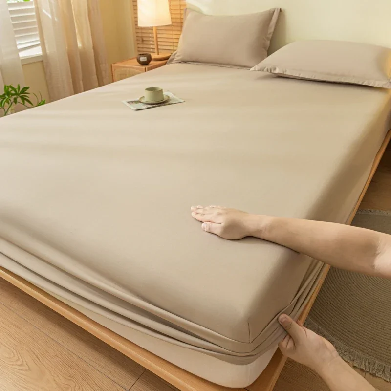 Solid Color Brushed Fitted Bed Sheet Set with 2 Pillowcases Soft Comfortable Non Slip Mattress Protector Cover for Single Double