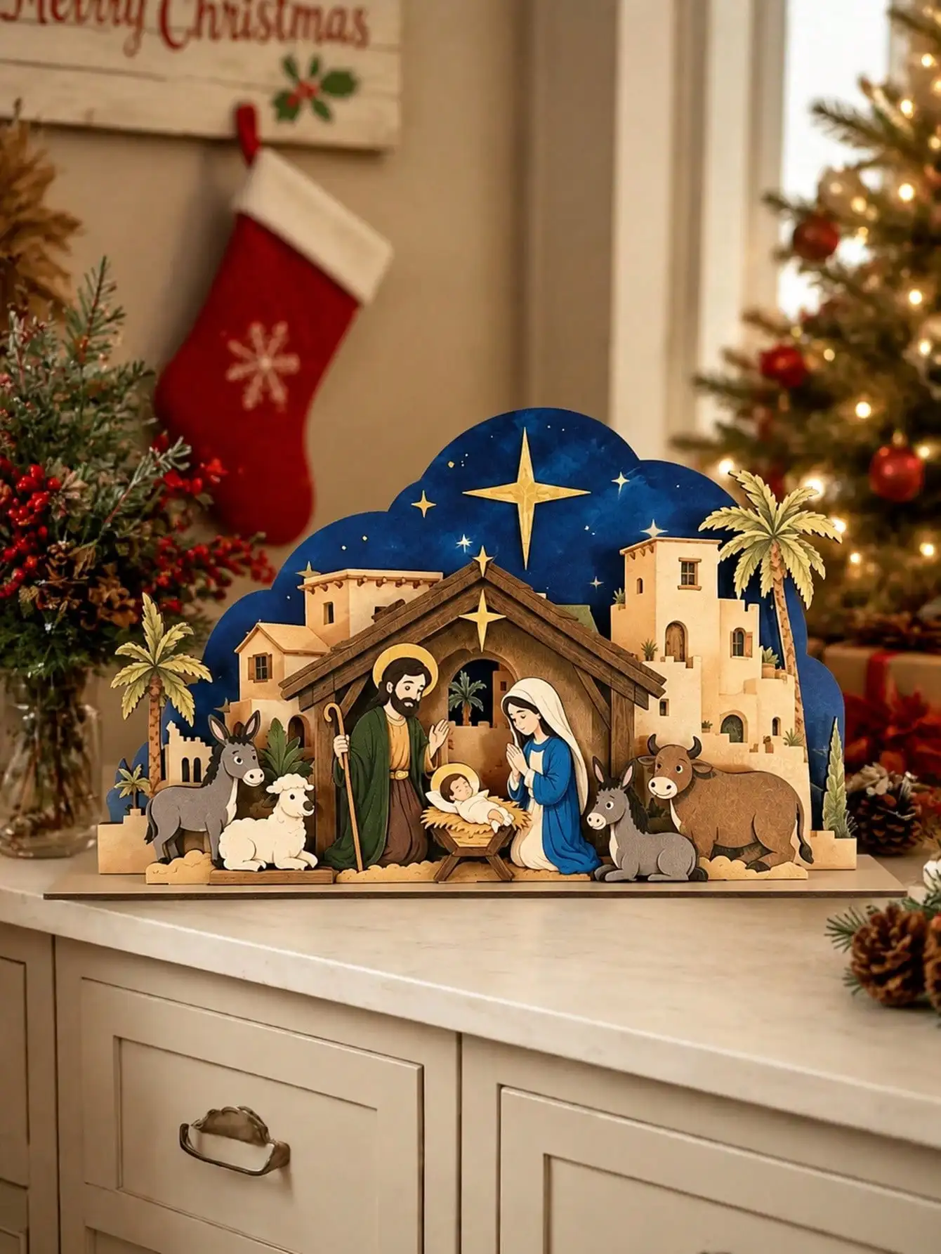 1pc Christmas Tabletop Decor, Nativity Scene Tabletop Ornament, Vintage Wooden Christmas Tabletop Decor, Joyful Christmas Decoration, Christmas Standing Sign, Christmas Decor, Christmas Tabletop Decor, Dining Table Centerpiece, Shelf Decor, Room Decor