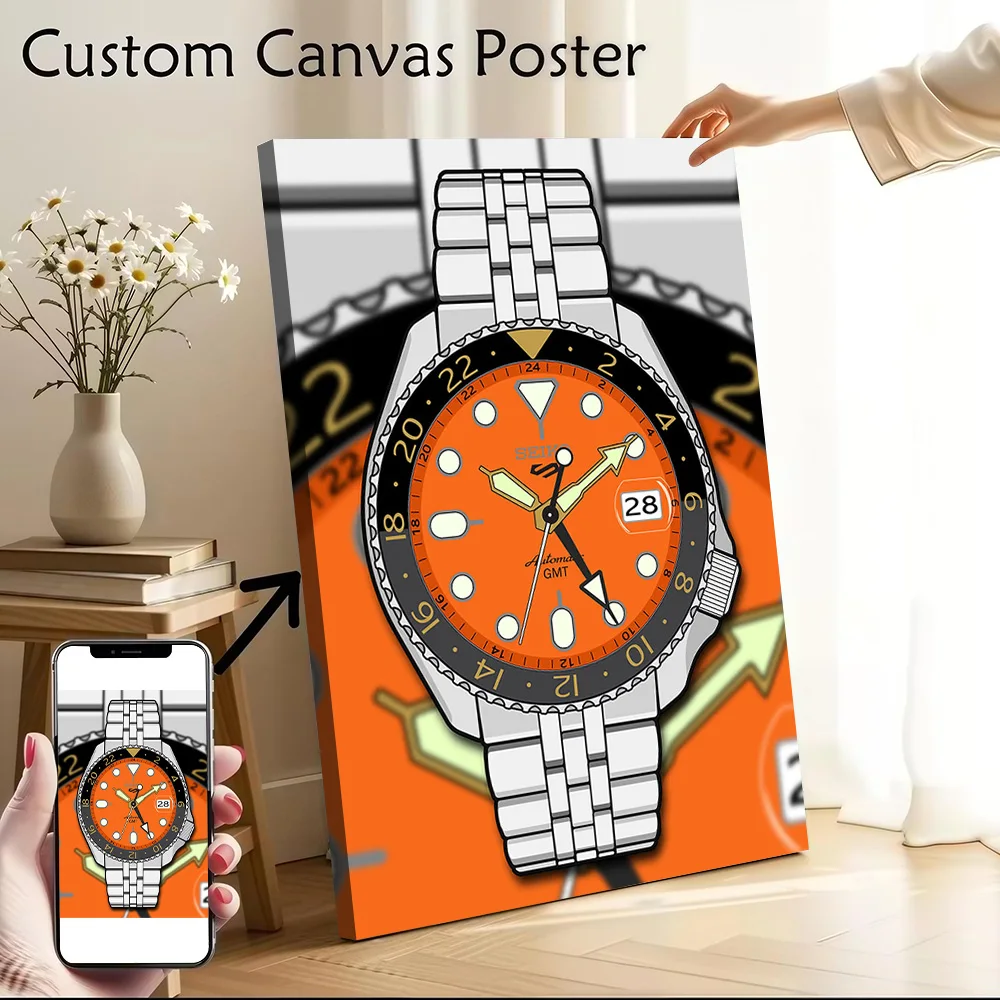 Póster de Lona Personalizable con Diseño de Seiko 5 Orange GMT, Impresión en Lona, Arte de Pared para Fanáticos de los Videojuegos, Decoración para Sala de Estar