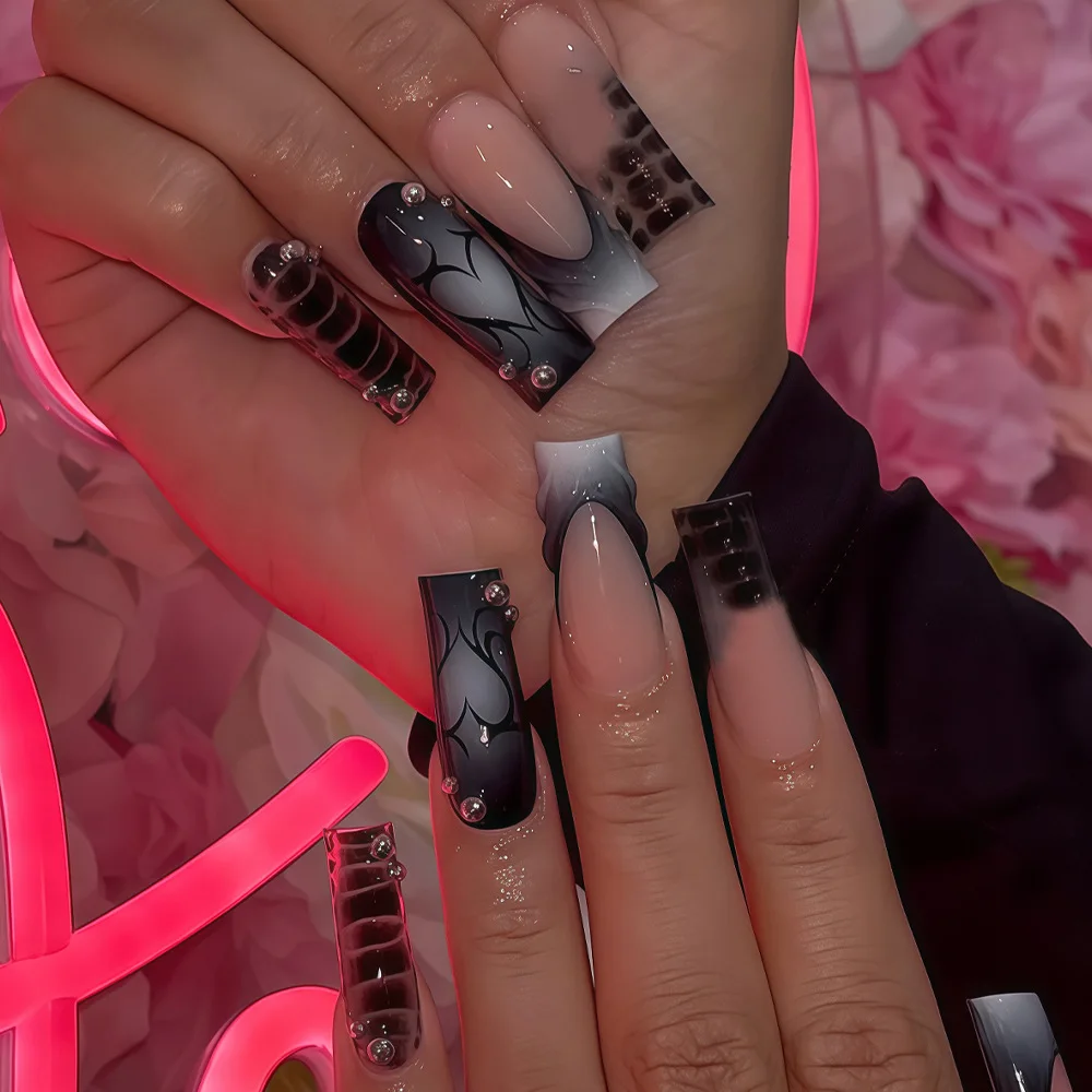 

24Pcs Long Square Head Press on Fake Nails Black White Gradient French False Nails Love Heart Detachable Full Cover Nails Tips