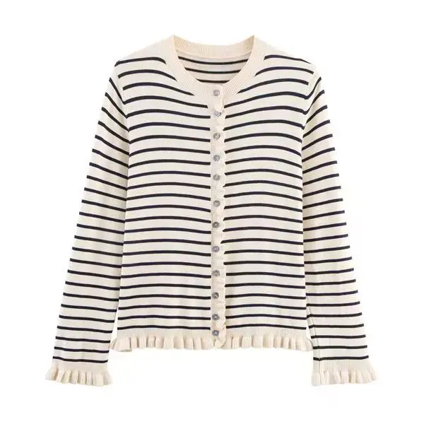 

French Style Women's Striped Knit Cardigan Ruffled Hem Spring Cover-Up Sweet Casual Button Front Jacket Office