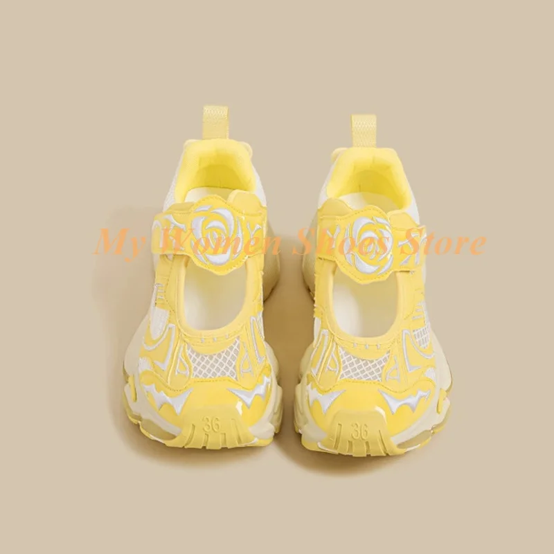 Gelbe Dad-Sneaker für Damen, Frühjahrs-Neuheit, Miniatur-Ajour-Flachschuhe, Mary Jane Sportliche Sneakers, Sommer Atmungsaktive Schuhe