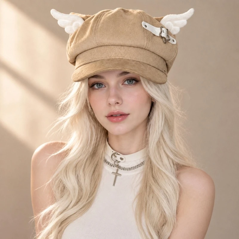 Raised Cats Ear Cap with White Winged for Women Daily Outfit Anime Event Styling