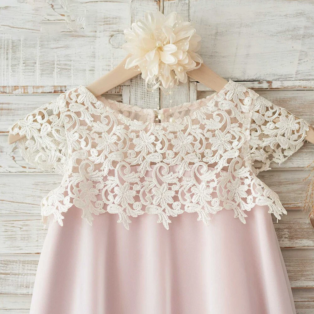 Mvozein-vestidos de encaje rosa para niña, collar de perlas a juego, vestidos de comunión para niña, vestido de cumpleaños para niño