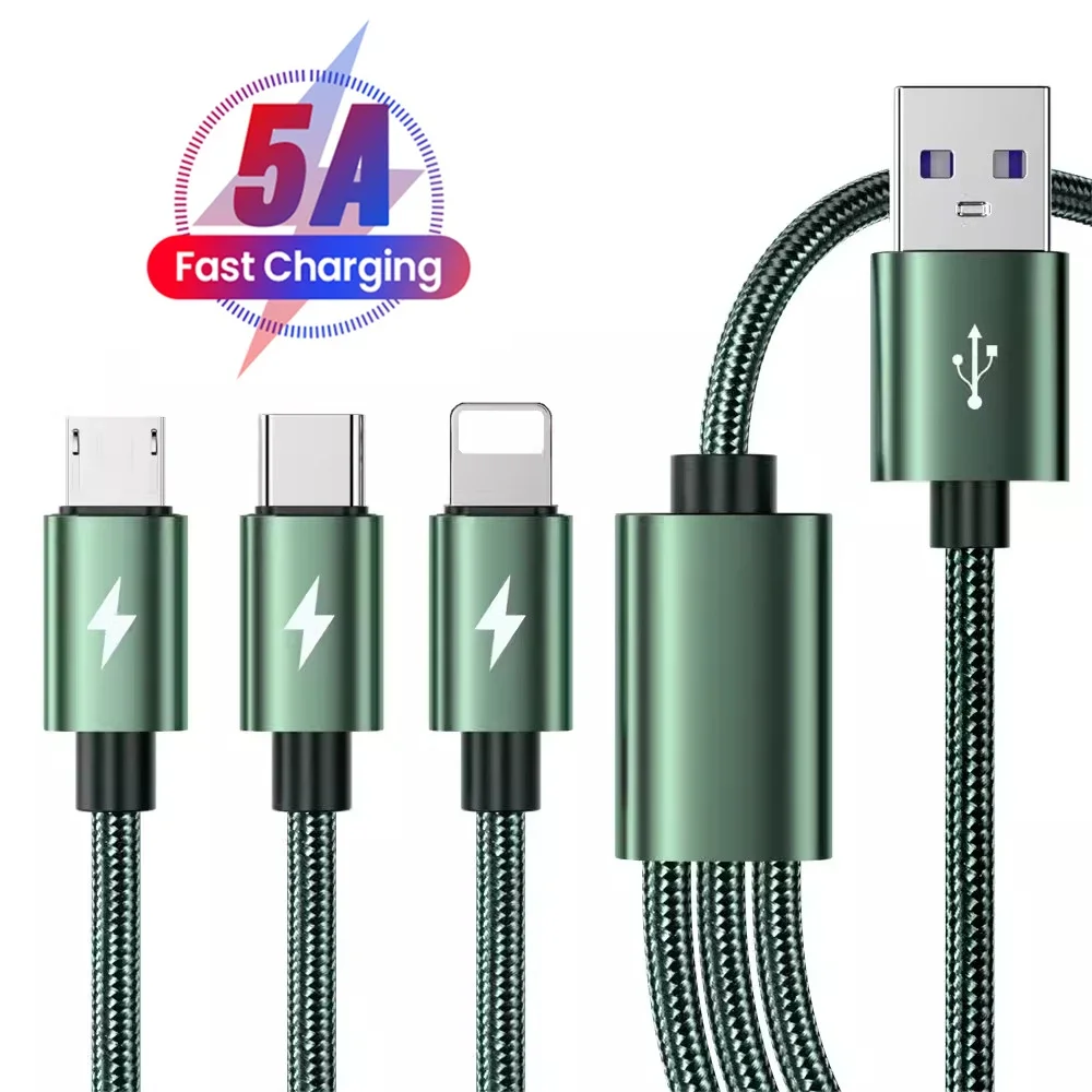 3 in 1 5A Fast USB Charging Cable for iPhone iPad Samsung Huawei Xiaomi Honor Redmi POCO OPPO Realme Moto Universal Charge Cable