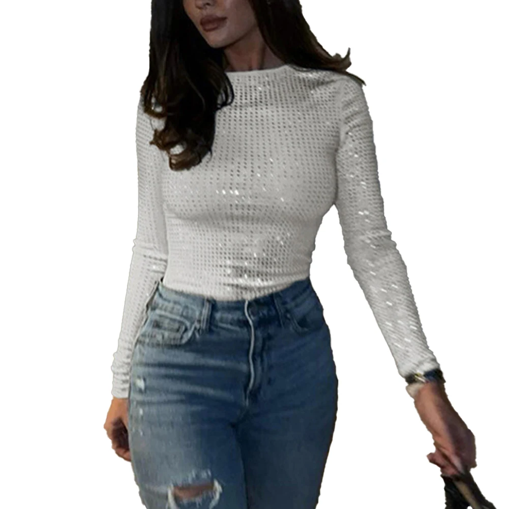 العلامة التجارية الجديدة النساء قمم جميع المواسم عارضة طاقم الرقبة الساخن الماس البوليستر مثير تصميم أنيق تنوعا نمط يوميا