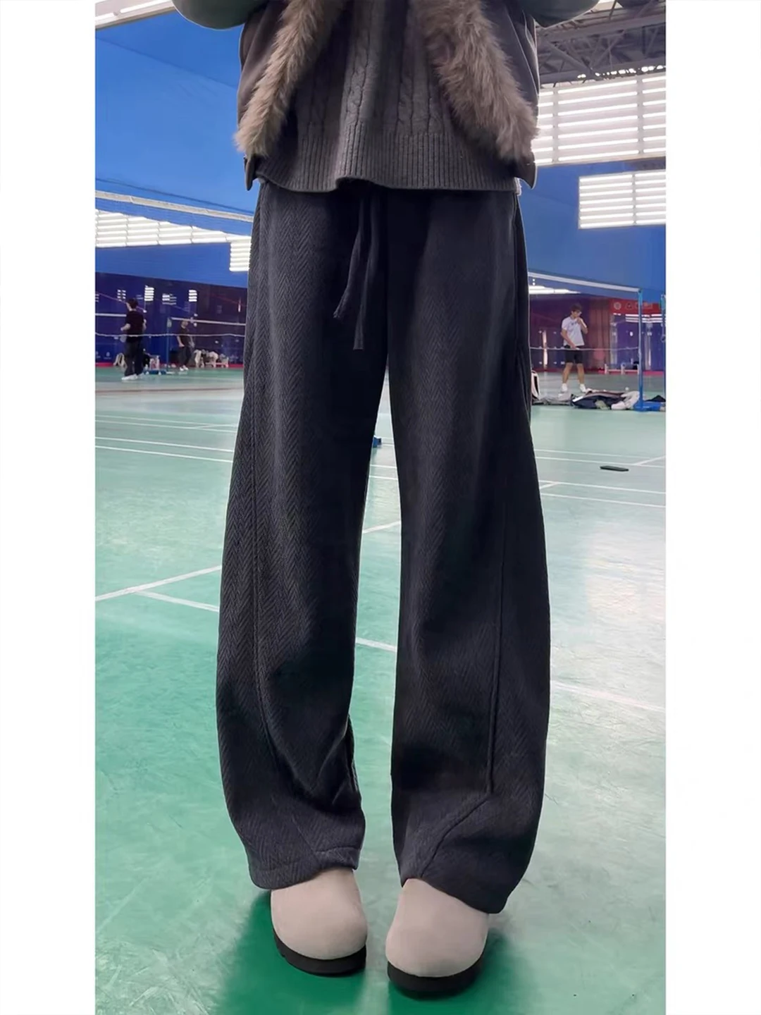 

American Style Knife Blade Pattern Fleece Lined Knitted Straight Leg Wide Leg Pants Men's Cleanfit Casual Trousers