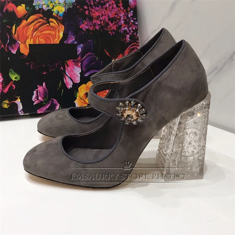 Multicolor Luxury Suede Banquet Shoes Woman Diamond Rhinestone Square Chunky Heel Buckle Belt Spring Women Pumps