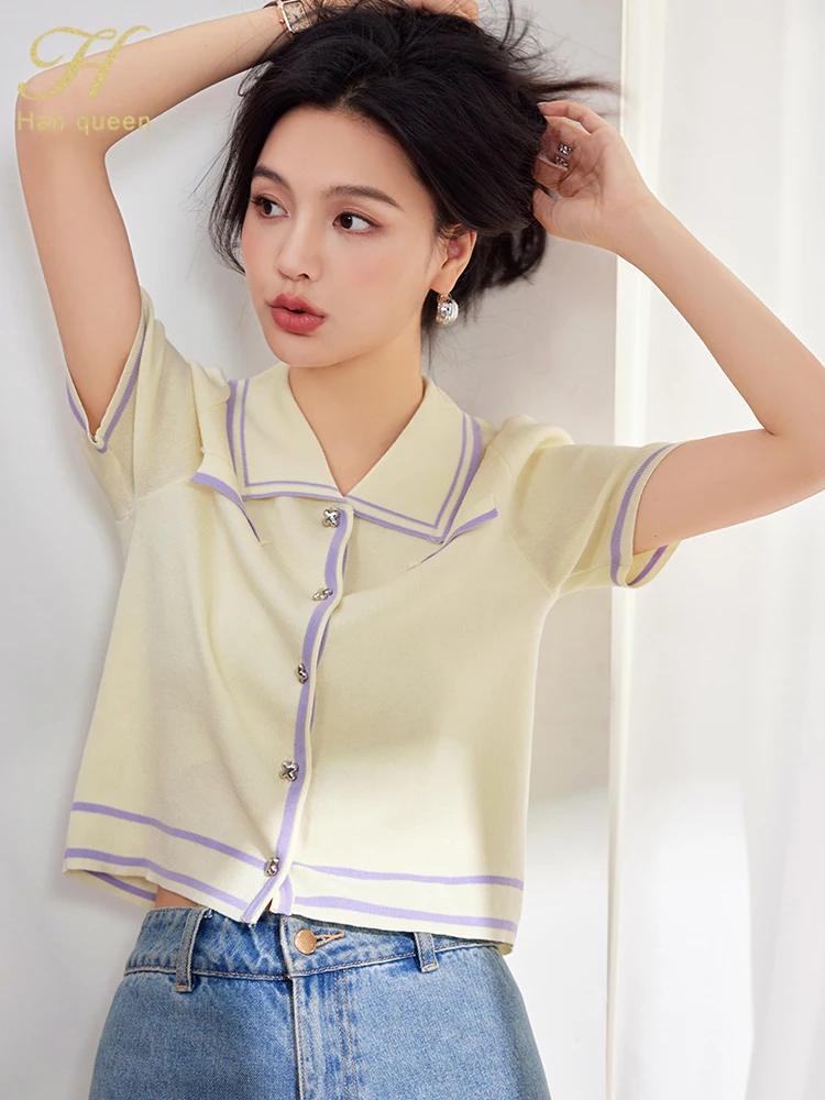 H Han Queen 2024 Korean Summer Knitting Shirts & Blouses Simple Short Sleeve Tops Loose Elegant Blouse  Women\'s Clothing Sales