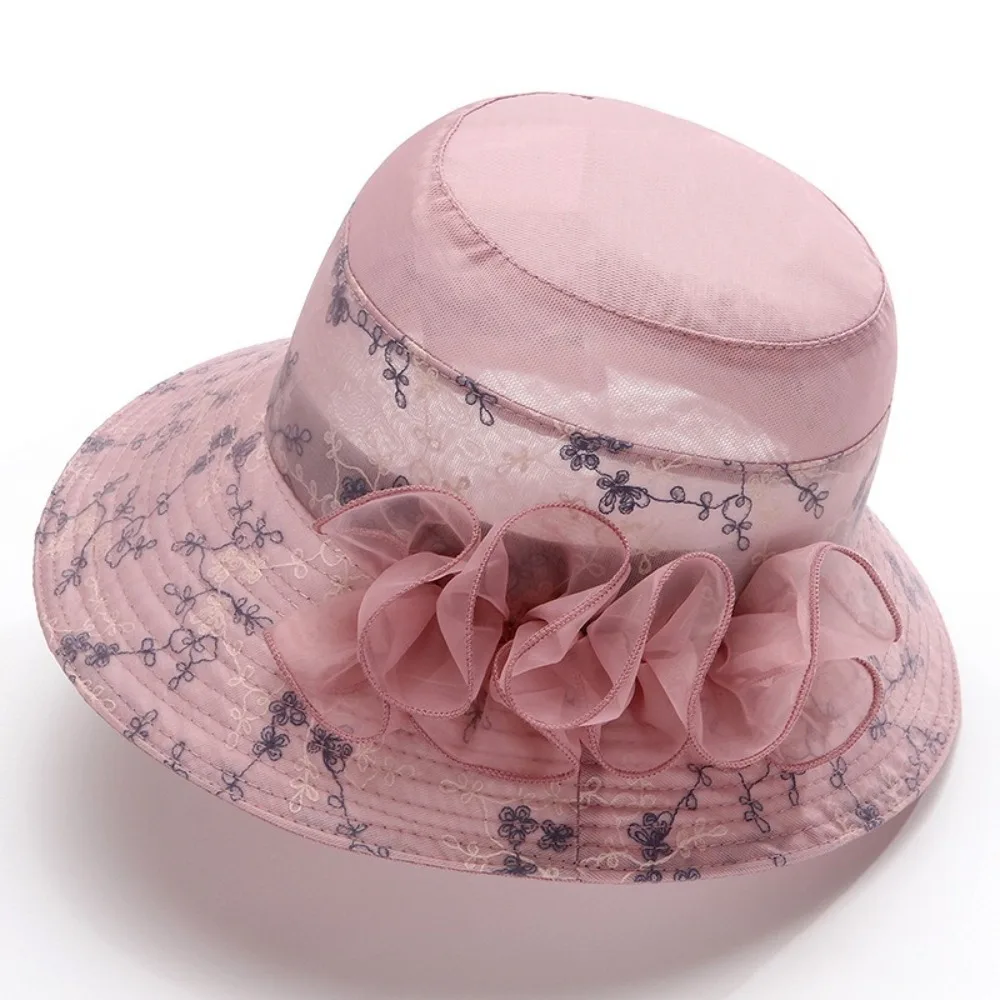 قبعة شمس أنيقة على شكل زهرة من الأورجانزا قابلة للتنفس في منتصف العمر قبعة صياد قابلة للطي بحافة واسعة وحوض رفيع