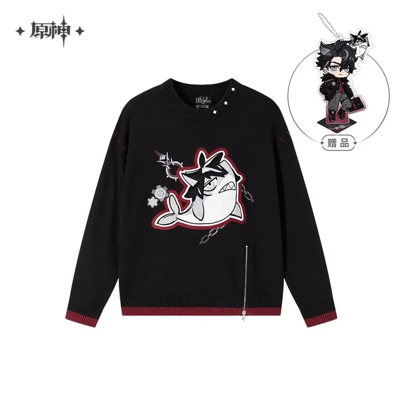 Official Anime Game Genshin Impact Wriothesley Cosplay Knit Crew Neck Sweatshirt Halloween Costume Top Keychain Roly Play